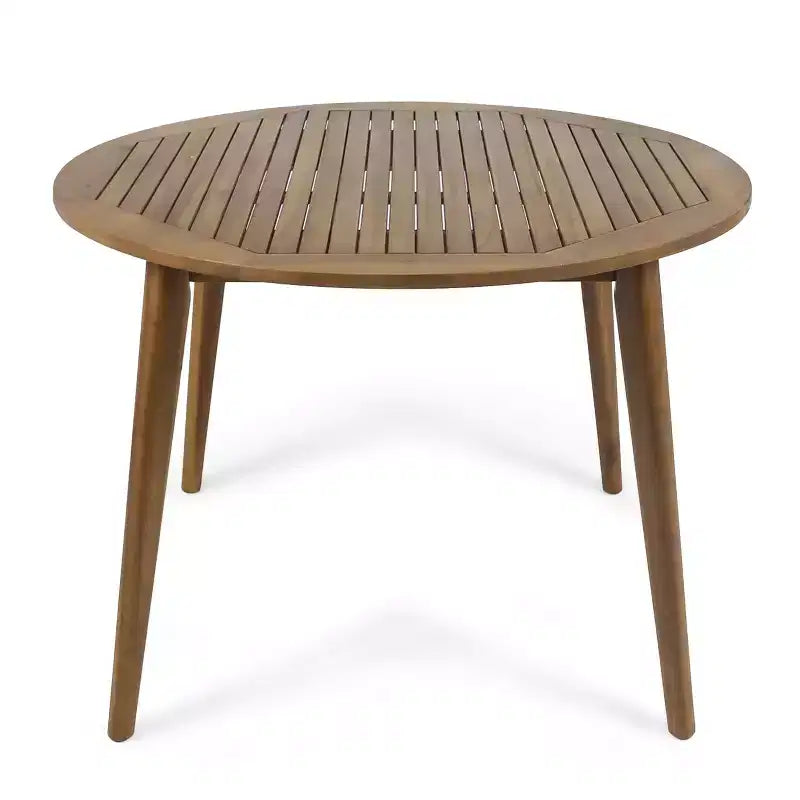 Tavolo da pranzo rotondo Okak Elegent per esterni con struttura e piano in legno di acacia, tavolo da pranzo minimalista per patio, tavolino da esterno per giardino