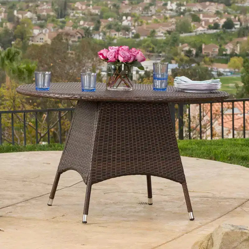 Okak Wicker Outdoor Dining Table with Heavy-Duty Metal Frame, Patio Dining Table with Hole for Umbrella, Outside Table for Garden, Backyard, Brown
