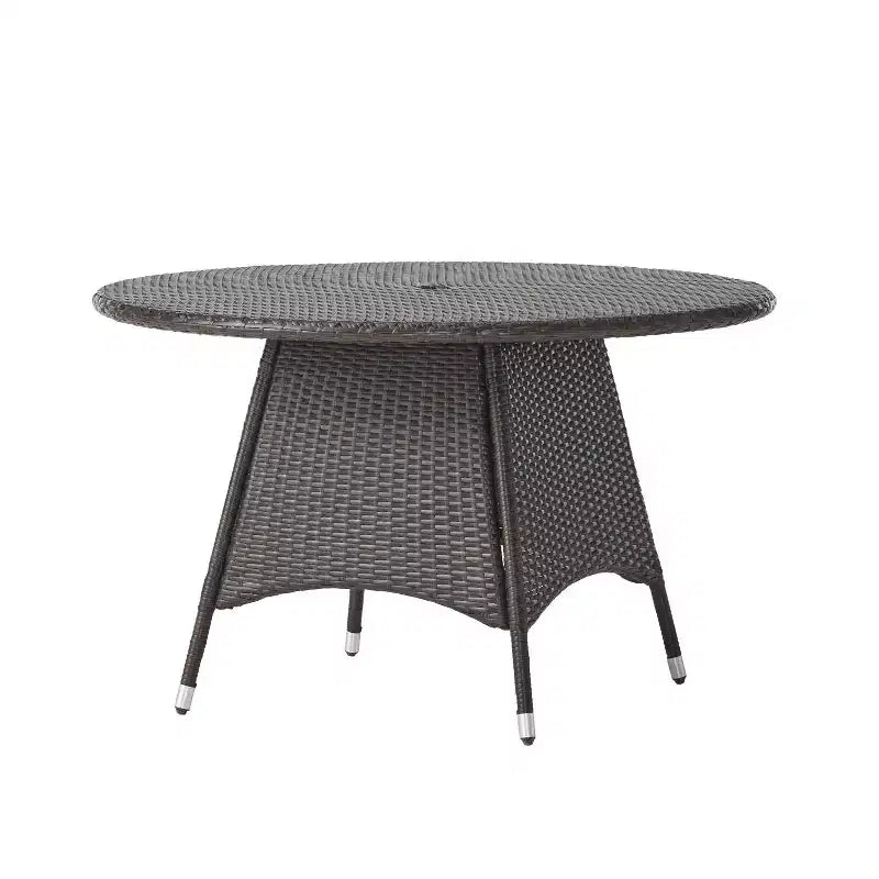 Tavolo da pranzo da esterno Okak Wicker con struttura in metallo resistente, tavolo da pranzo da patio con foro per ombrellone, tavolo da esterno per giardino, cortile, marrone