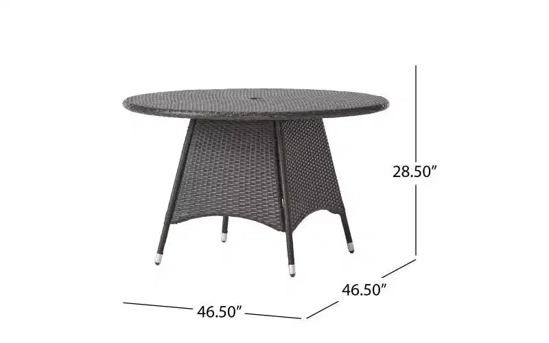 Tavolo da pranzo da esterno Okak Wicker con struttura in metallo resistente, tavolo da pranzo da patio con foro per ombrellone, tavolo da esterno per giardino, cortile, marrone