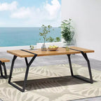 Tavolo da pranzo da esterno Okak Farmhouse con eleganti gambe in metallo, tavolo da pranzo per patio con piano in legno, tavolo da esterno per cortile, giardino, marrone