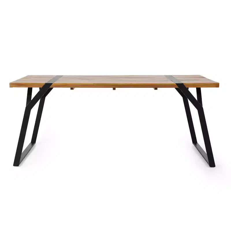 Tavolo da pranzo da esterno Okak Farmhouse con eleganti gambe in metallo, tavolo da pranzo per patio con piano in legno, tavolo da esterno per cortile, giardino, marrone