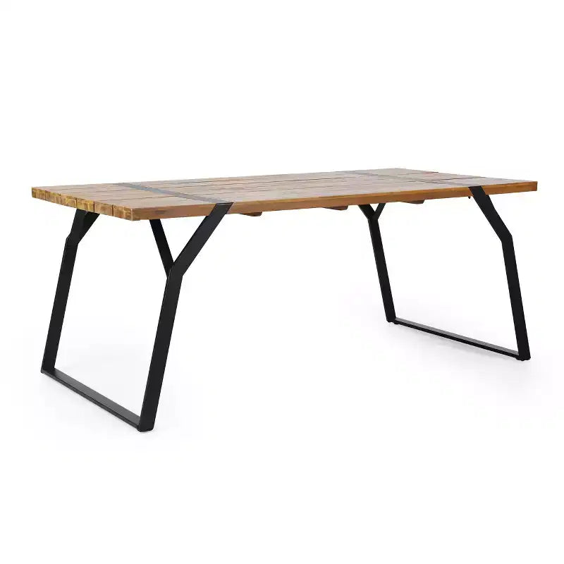 Tavolo da pranzo da esterno Okak Farmhouse con eleganti gambe in metallo, tavolo da pranzo per patio con piano in legno, tavolo da esterno per cortile, giardino, marrone