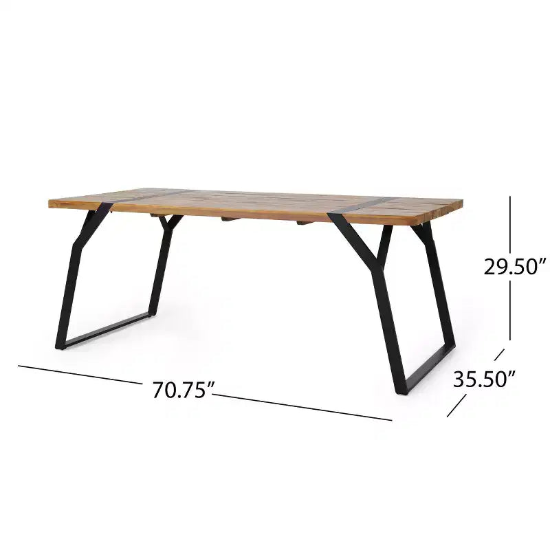 Tavolo da pranzo da esterno Okak Farmhouse con eleganti gambe in metallo, tavolo da pranzo per patio con piano in legno, tavolo da esterno per cortile, giardino, marrone