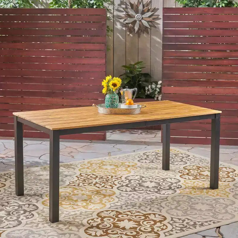 Okak Farmhouse Rectangular Outdoor Dining Table with Acacia Wood Top, Patio Dining Table with Metal Frame, Outdoor Table for Garden, Yard, Black