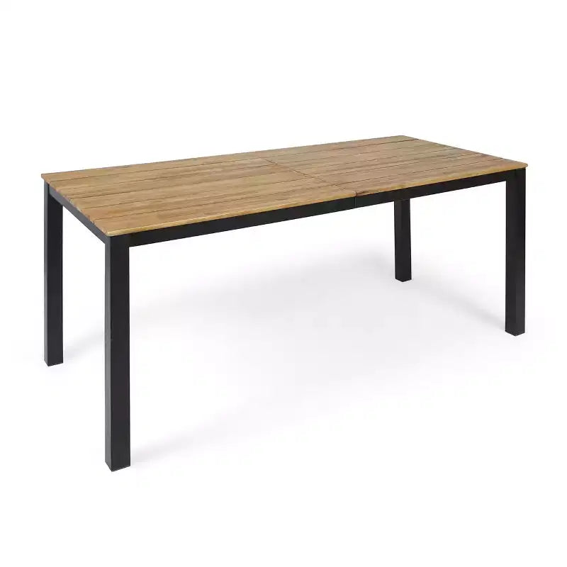 Tavolo da pranzo rettangolare da esterno Okak Farmhouse con piano in legno di acacia, tavolo da pranzo da patio con struttura in metallo, tavolo da esterno per giardino, cortile, nero