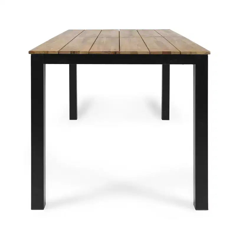 Tavolo da pranzo rettangolare da esterno Okak Farmhouse con piano in legno di acacia, tavolo da pranzo da patio con struttura in metallo, tavolo da esterno per giardino, cortile, nero