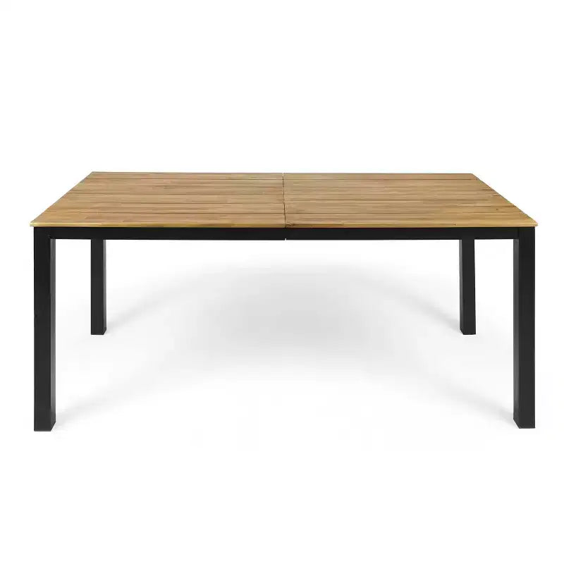 Tavolo da pranzo rettangolare da esterno Okak Farmhouse con piano in legno di acacia, tavolo da pranzo da patio con struttura in metallo, tavolo da esterno per giardino, cortile, nero