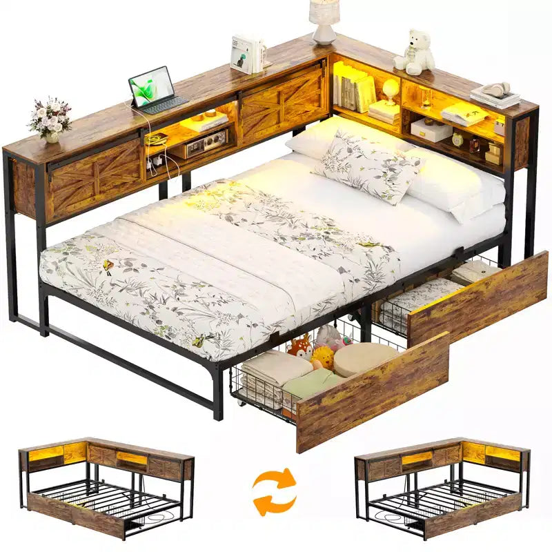 Libreria Letto Besiost con Cassetto in Legno, Struttura Letto ad Angolo con Anta Scorrevole
