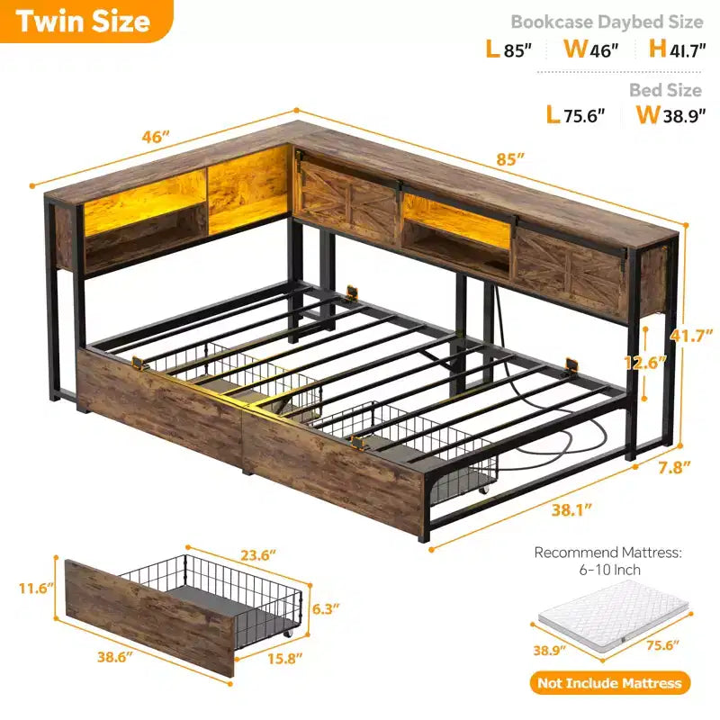 Libreria Letto Besiost con Cassetto in Legno, Struttura Letto ad Angolo con Anta Scorrevole