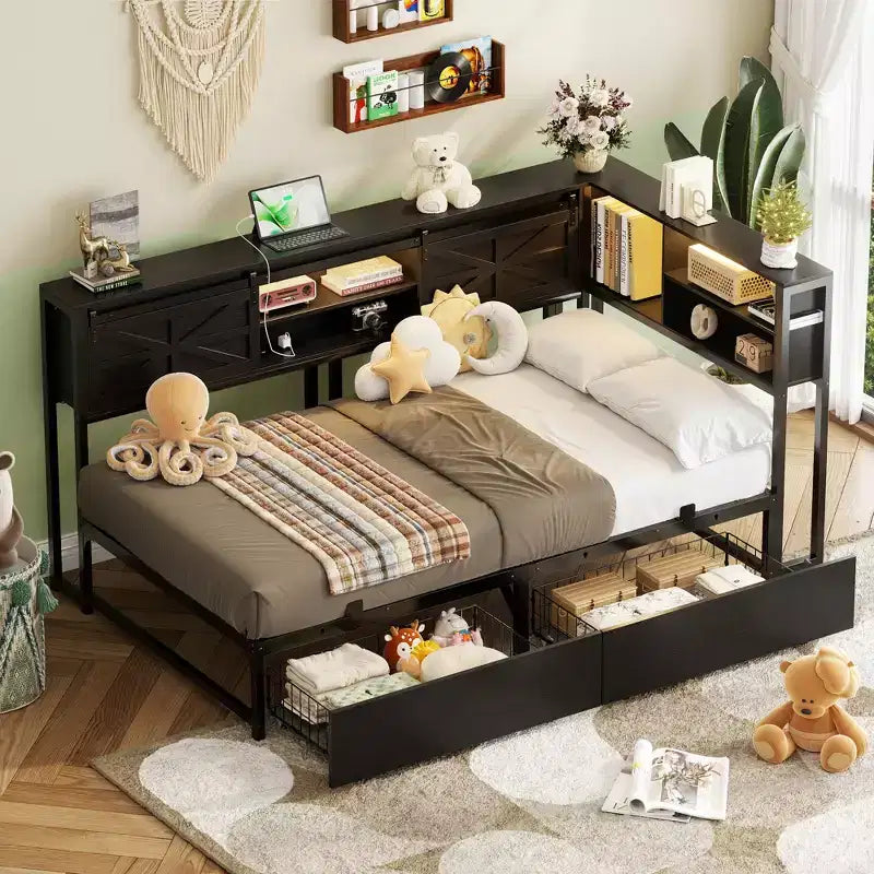 Libreria Letto Besiost con Cassetto in Legno, Struttura Letto ad Angolo con Anta Scorrevole