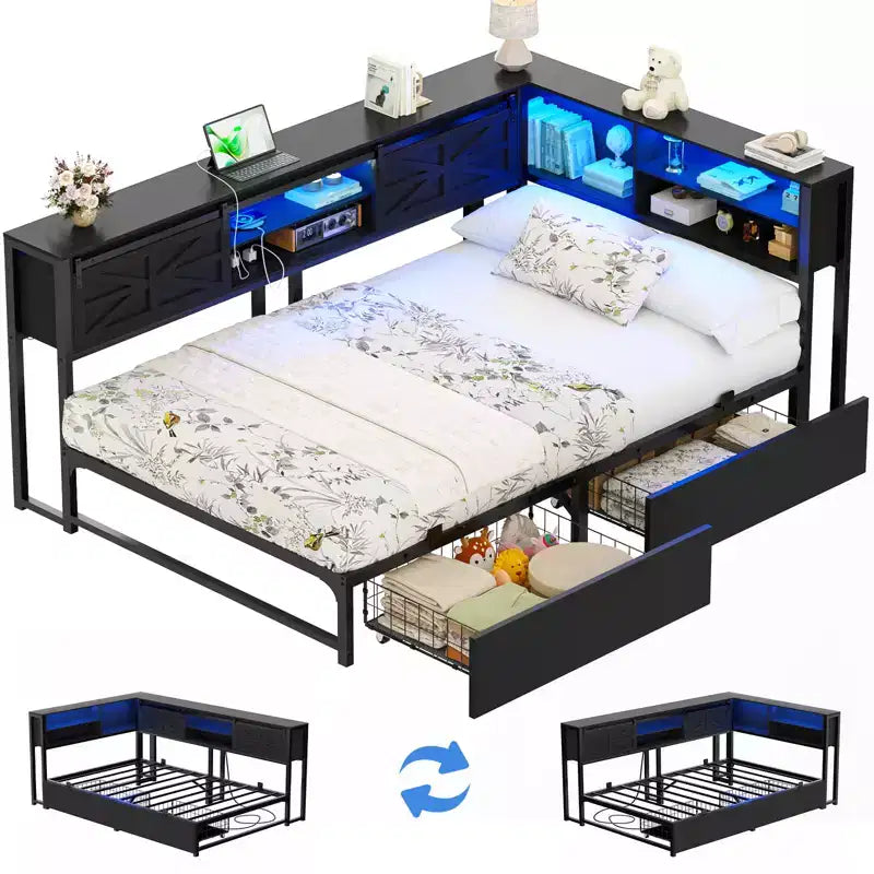 Libreria Letto Besiost con Cassetto in Legno, Struttura Letto ad Angolo con Anta Scorrevole