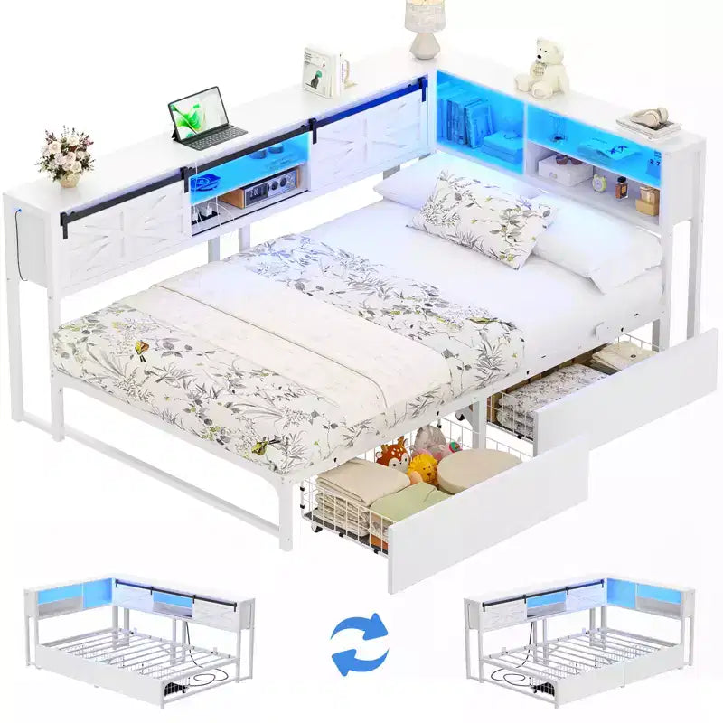 Libreria Letto Besiost con Cassetto in Legno, Struttura Letto ad Angolo con Anta Scorrevole