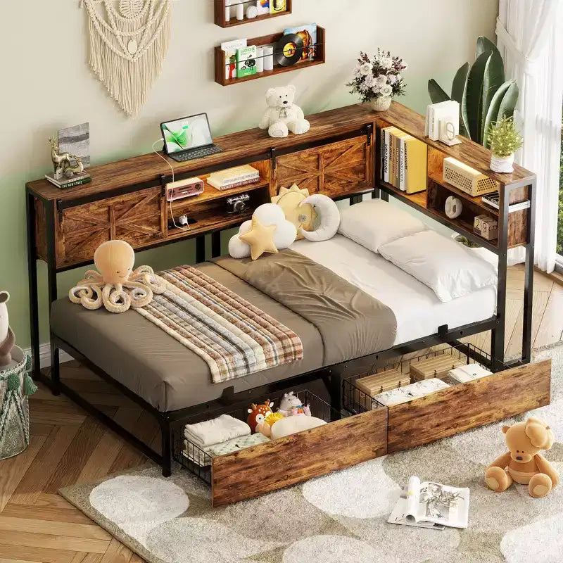 Libreria Letto Besiost con Cassetto in Legno, Struttura Letto ad Angolo con Anta Scorrevole