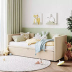 MAYEERTY Twin Size Upholstered Daybed, Pop Up Trundle, Bedroom, Beige