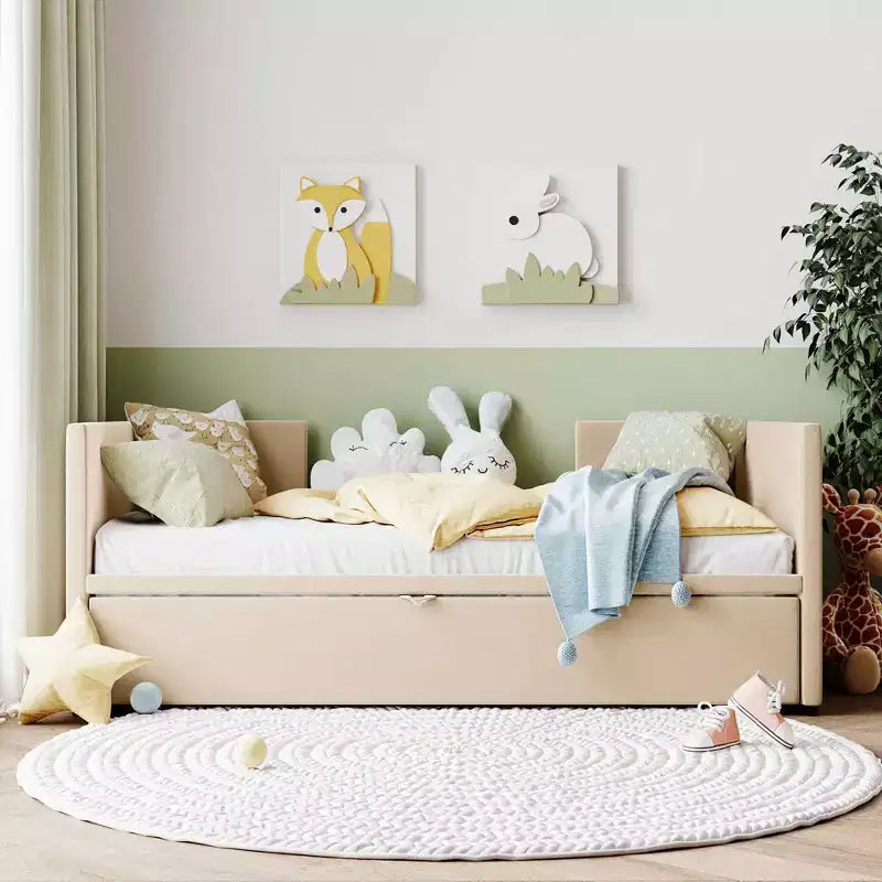 MAYEERTY Divano letto imbottito singolo, con letto estraibile a scomparsa, per camera da letto, beige