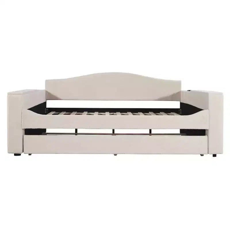 MAYEERTY Daybed imbottito in pile Teddy matrimoniale, braccioli portaoggetti con rotelle, audio Bluetooth, camera da letto, beige