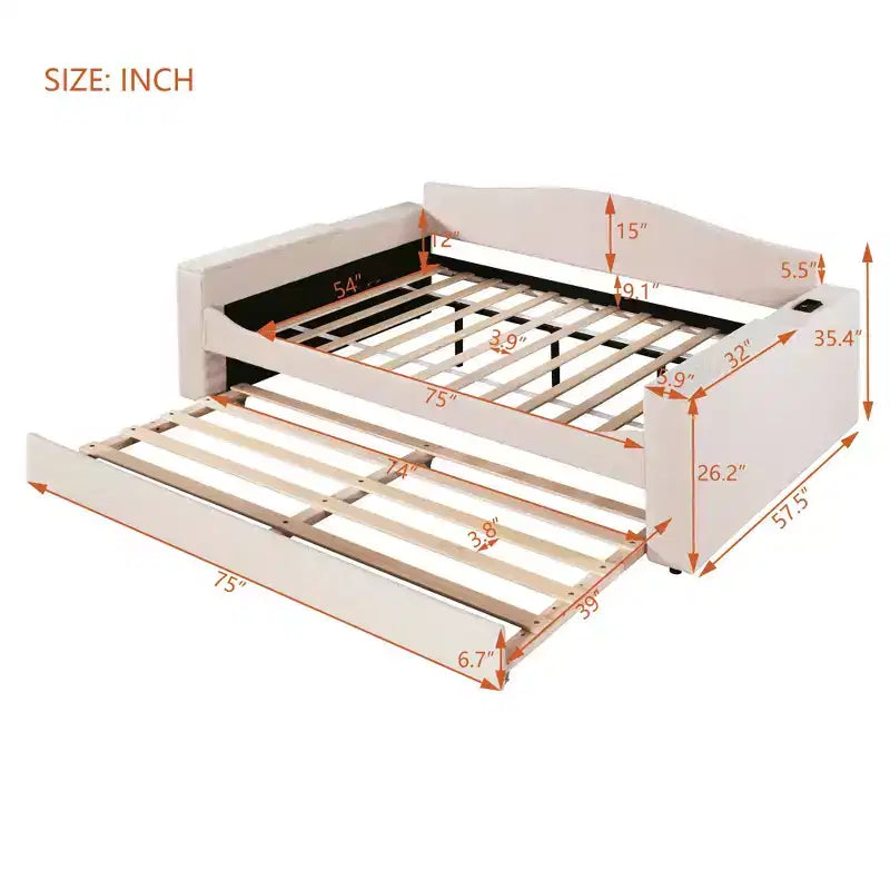 MAYEERTY Daybed imbottito in pile Teddy matrimoniale, braccioli portaoggetti con rotelle, audio Bluetooth, camera da letto, beige