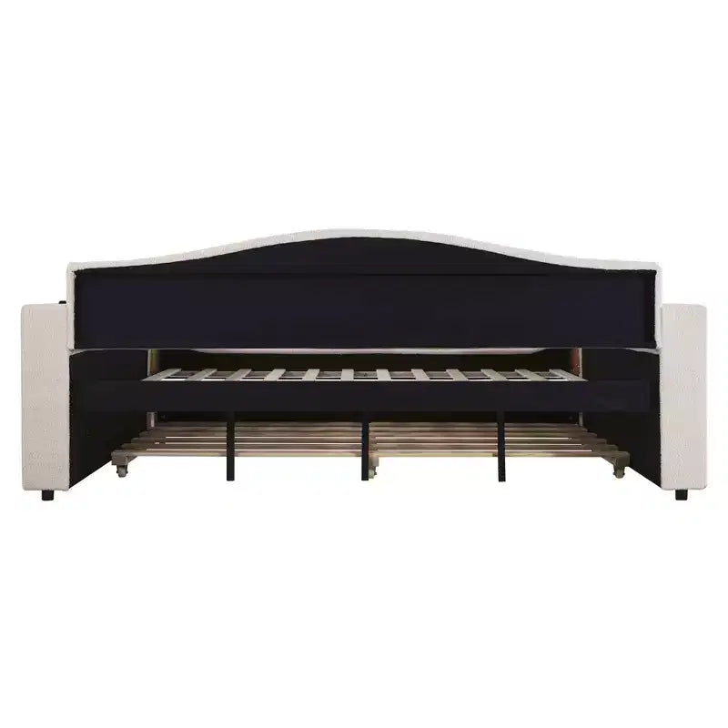 MAYEERTY Daybed imbottito in pile Teddy matrimoniale, braccioli portaoggetti con rotelle, audio Bluetooth, camera da letto, beige