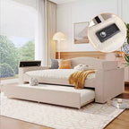 MAYEERTY Daybed imbottito in pile Teddy matrimoniale, braccioli portaoggetti con rotelle, audio Bluetooth, camera da letto, beige