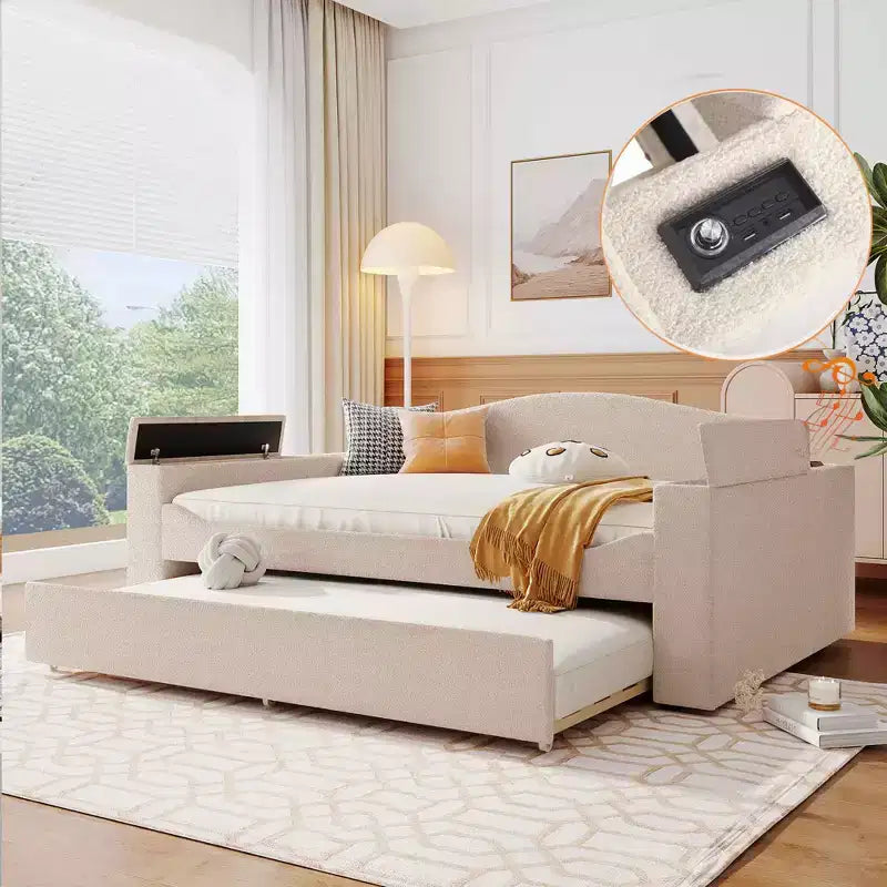 MAYEERTY Daybed imbottito in pile Teddy matrimoniale, braccioli portaoggetti con rotelle, audio Bluetooth, camera da letto, beige