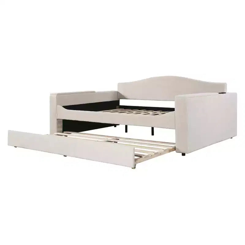 MAYEERTY Daybed imbottito in pile Teddy matrimoniale, braccioli portaoggetti con rotelle, audio Bluetooth, camera da letto, beige