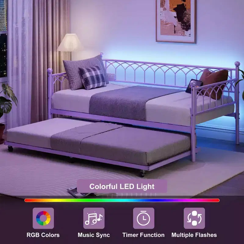 Divano letto con rotelle estraibili, stazione di ricarica e luci a LED, struttura letto a divano con letto estraibile per soggiorno, camera degli ospiti, appartamento, piccoli spazi