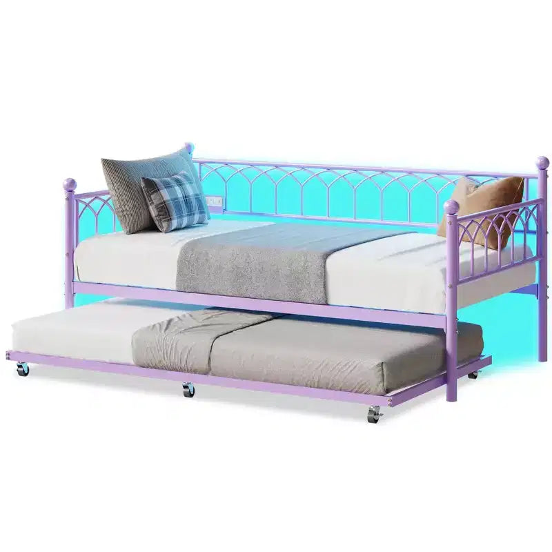 Divano letto con rotelle estraibili, stazione di ricarica e luci a LED, struttura letto a divano con letto estraibile per soggiorno, camera degli ospiti, appartamento, piccoli spazi