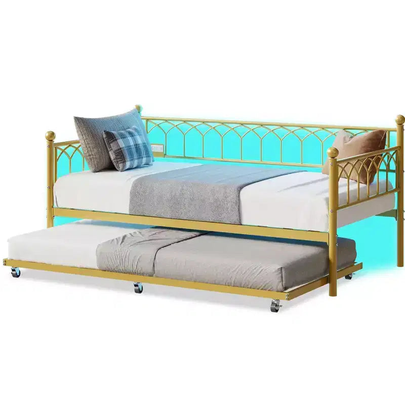 Divano letto con rotelle estraibili, stazione di ricarica e luci a LED, struttura letto a divano con letto estraibile per soggiorno, camera degli ospiti, appartamento, piccoli spazi