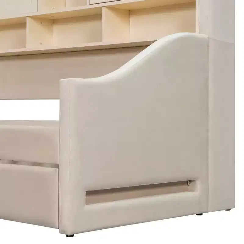 Divano letto imbottito Luxystar per cameretta con mensole, armadietti, luci a LED e letto estraibile a sollevamento, misura piazza e mezza