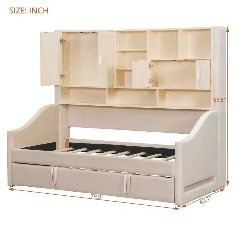 Divano letto imbottito Luxystar per cameretta con mensole, armadietti, luci a LED e letto estraibile a sollevamento, misura piazza e mezza