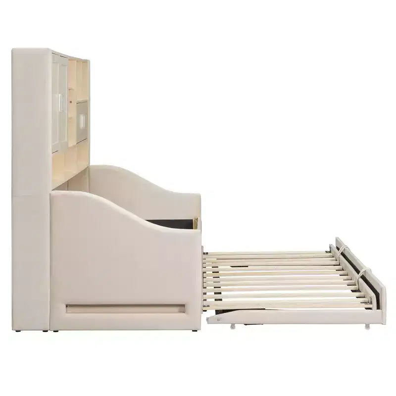 Divano letto imbottito Luxystar per cameretta con mensole, armadietti, luci a LED e letto estraibile a sollevamento, misura piazza e mezza