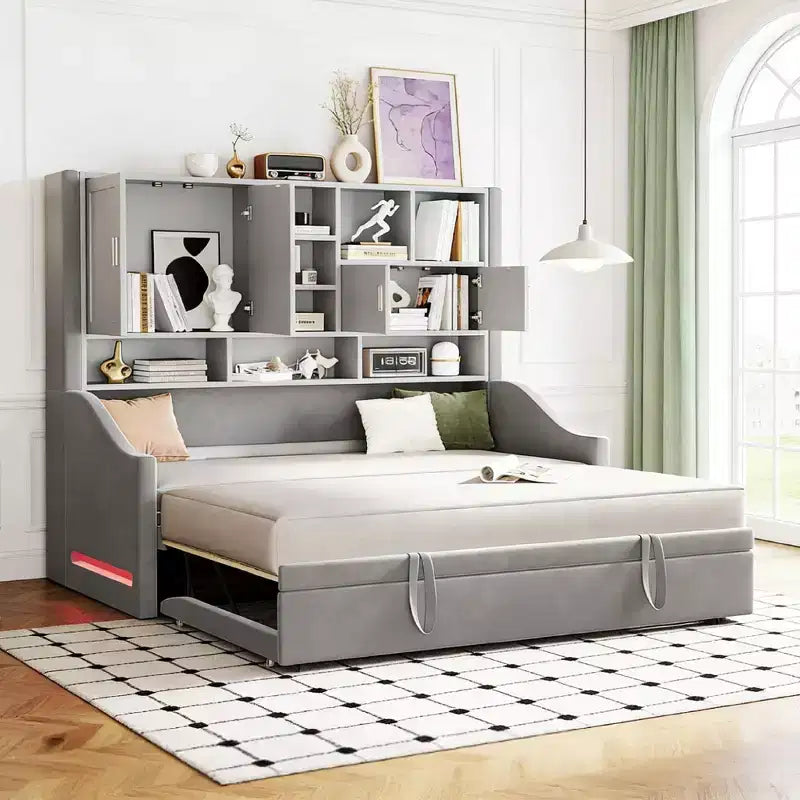 Divano letto imbottito Luxystar per cameretta con mensole, armadietti, luci a LED e letto estraibile a sollevamento, misura piazza e mezza