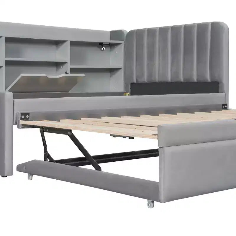 MAYEERTY Letto Divano Imbottito Una Piazza, Rotelle, Ripiani, Presa USB, Camera da Letto, Beige