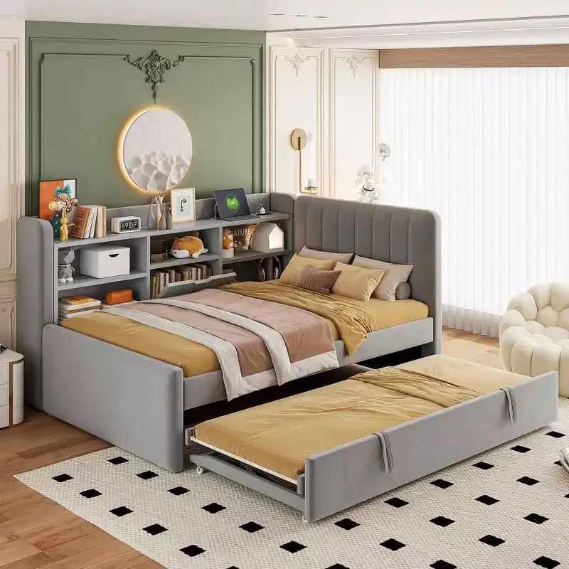 MAYEERTY Letto Divano Imbottito Una Piazza, Rotelle, Ripiani, Presa USB, Camera da Letto, Beige