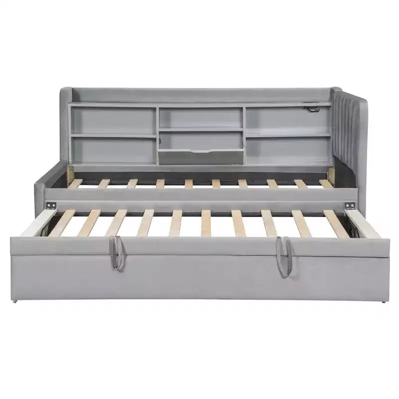 MAYEERTY Letto Divano Imbottito Una Piazza, Rotelle, Ripiani, Presa USB, Camera da Letto, Beige