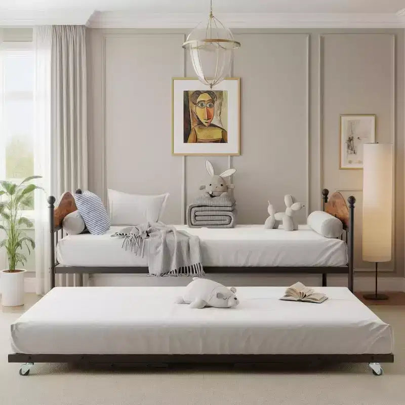 Divano Letto Singolo in Metallo con Ruote Regolabili, Robuste Doghe in Acciaio e Testiera Elegante per Camera da Letto, Soggiorno o Camera degli Ospiti