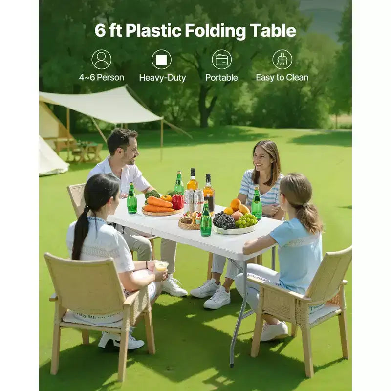 VEVOR Tavolo Pieghevole, 180 cm Resistente Portatile Pieghevole a Metà, Tavolo Utilità da Interno Esterno in Plastica con Maniglia Integrata, Bianco