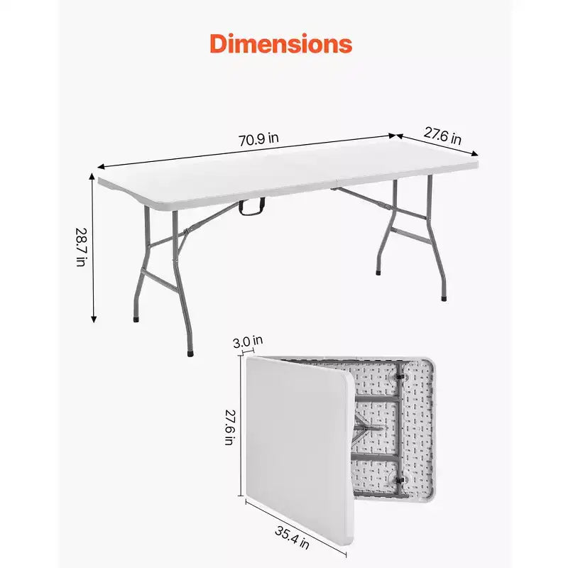 VEVOR Tavolo Pieghevole, 180 cm Resistente Portatile Pieghevole a Metà, Tavolo Utilità da Interno Esterno in Plastica con Maniglia Integrata, Bianco
