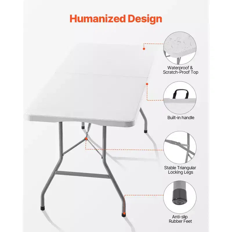 VEVOR Tavolo Pieghevole, 180 cm Resistente Portatile Pieghevole a Metà, Tavolo Utilità da Interno Esterno in Plastica con Maniglia Integrata, Bianco