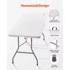 VEVOR Tavolo Pieghevole, 180 cm Resistente Portatile Pieghevole a Metà, Tavolo Utilità da Interno Esterno in Plastica con Maniglia Integrata, Bianco