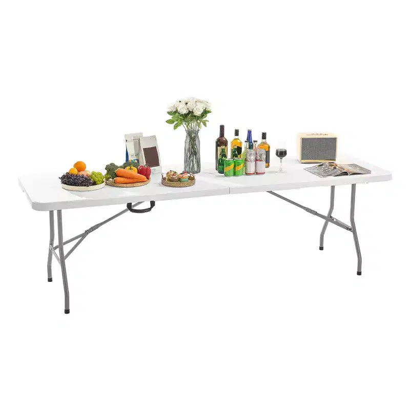 VEVOR Folding Table, 8 Ft Heavy Duty Portable Fold-in-Half Utility Table, Indoor Outdoor Plastic Rectangle Table with Built in Handle, White