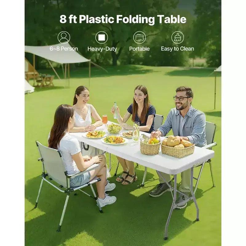 Tavolo Pieghevole VEVOR, Tavolo Utilità Portatile Robusto da 8 Piedi Pieghevole a Metà, Tavolo Rettangolare in Plastica per Interni ed Esterni con Maniglia Integrata, Bianco