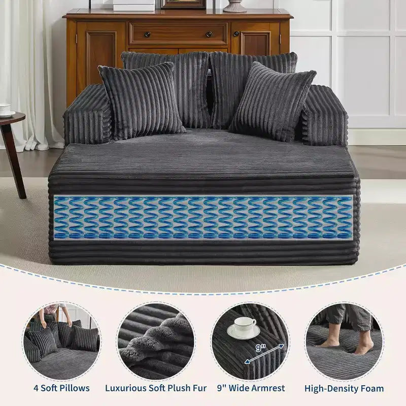 Chaise longue da interni oversize da 54,3", divanetto in velluto a coste largo e senza struttura con 4 cuscini, comodo divano da lettura soffice