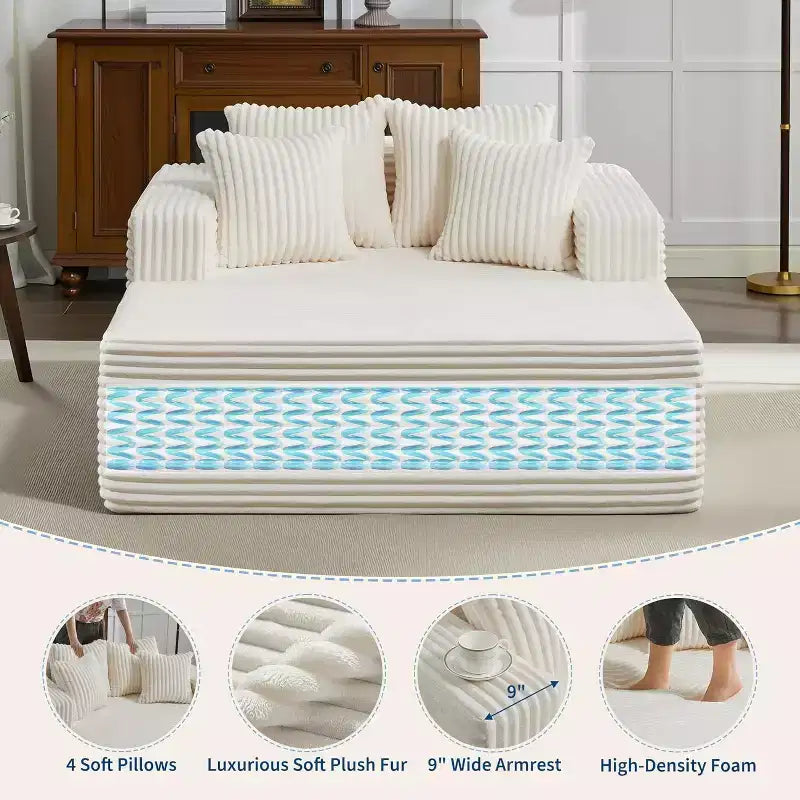 Chaise longue da interni oversize da 54,3", divanetto in velluto a coste largo e senza struttura con 4 cuscini, comodo divano da lettura soffice