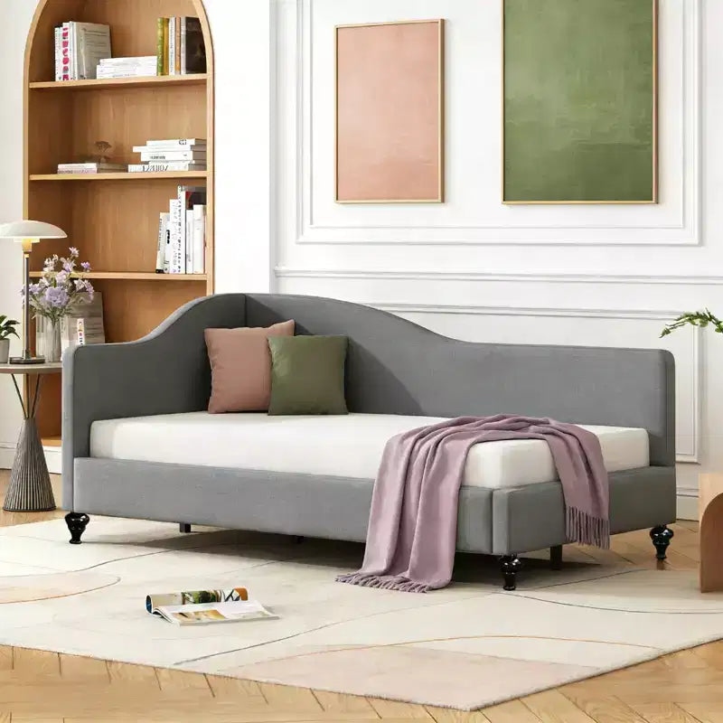 Luxystar Letto a Due Piazze a L in Lino Rivestito con Gambe in Legno Massiccio