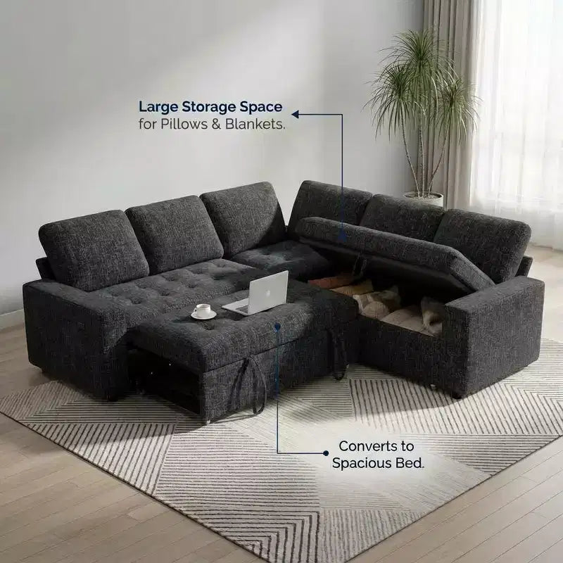 Divano Sezionale Modulare Dyonery a 5 Posti con Letto Estraibile per Piccoli Spazi, Divano a L con Letto Estraibile, Contenitore, Porte USB e Recliner