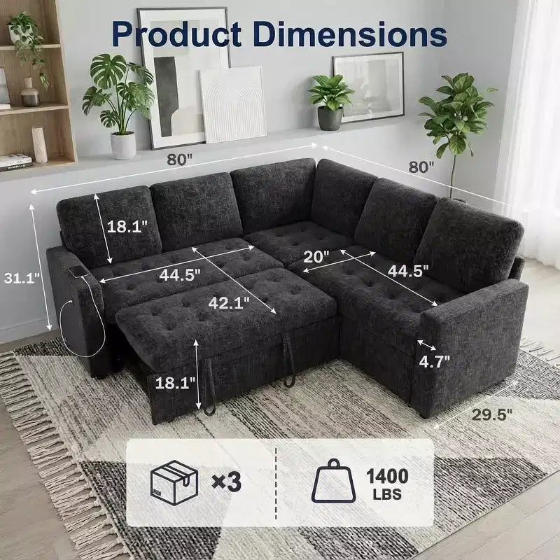 Divano Sezionale Modulare Dyonery a 5 Posti con Letto Estraibile per Piccoli Spazi, Divano a L con Letto Estraibile, Contenitore, Porte USB e Recliner