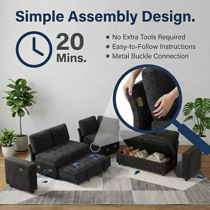 Divano Sezionale Modulare Dyonery a 5 Posti con Letto Estraibile per Piccoli Spazi, Divano a L con Letto Estraibile, Contenitore, Porte USB e Recliner