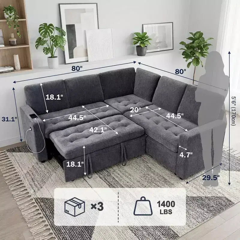 Divano Sezionale Modulare Dyonery a 5 Posti con Letto Estraibile per Piccoli Spazi, Divano a L con Letto Estraibile, Contenitore, Porte USB e Recliner